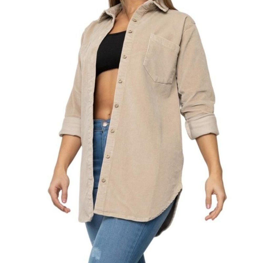 Corduroy Shirt Shacket Button down Dress Soft Long Sleeve S M L XL Neutral Stone - Picture 7 of 8